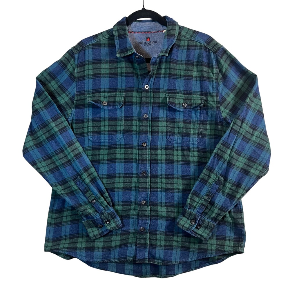 Woolrich‎ Men's Plaid Flannel Shirt Blue Green 100% Cotton Button Up